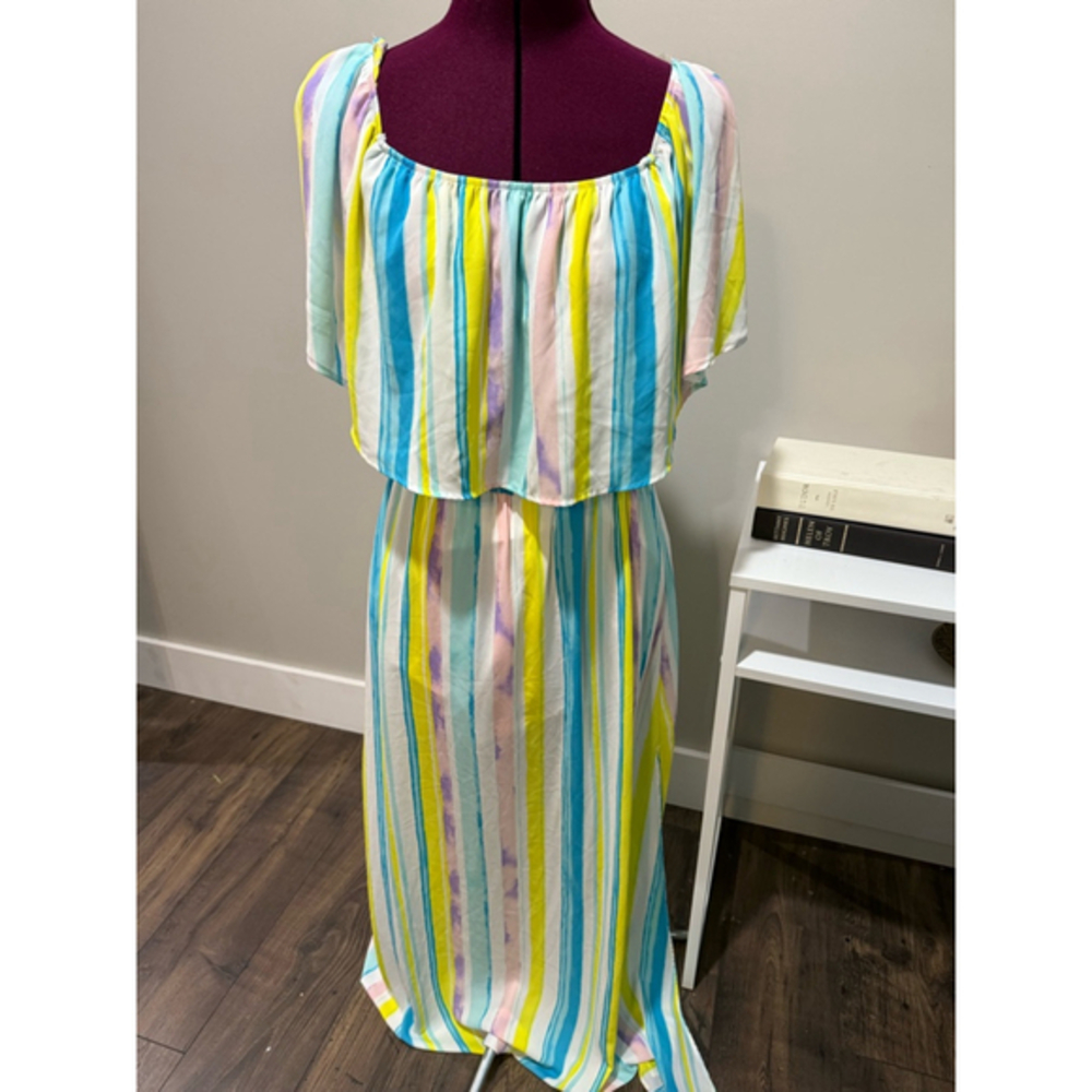 Peach Love California Striped Maxi Dress in Yellow, Blue, Pink